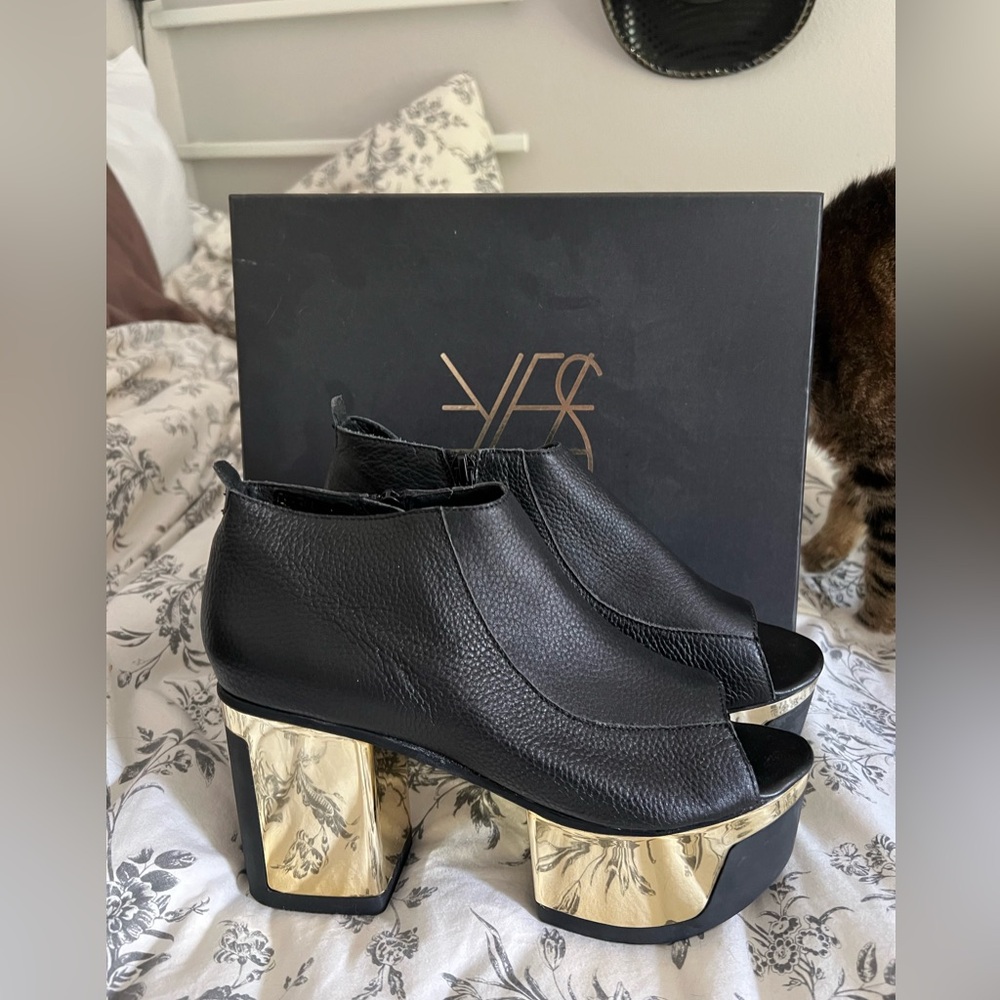 Black Leather Peep Toe Ankle Boots with Gold Heels